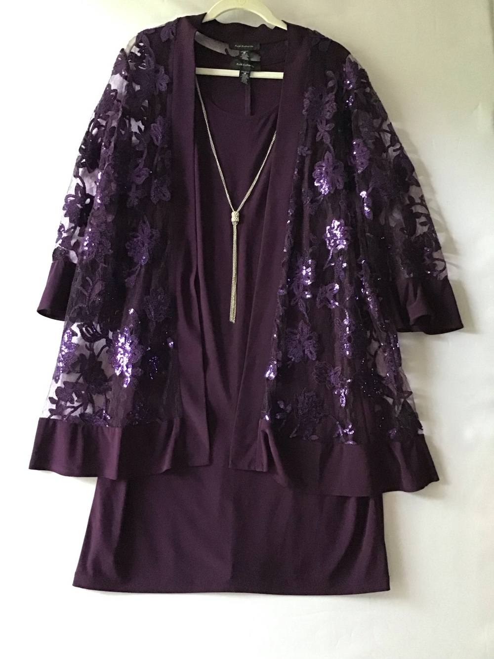 422 R&M Richards Purple Sequined Floral Lace Jacket Dress Set